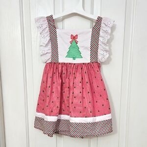 Pink and Green Kids Dress with Christmas Tree Design